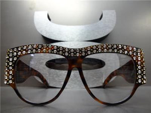 Retro Rhinestone Embellished Clear Lens Glasses- Tortoise Frame