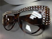 Retro Rhinestone Embellished Clear Lens Glasses- Tortoise Frame