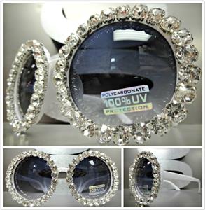 Round Crystal Rhinestone Sunglasses- White Plastic Frame