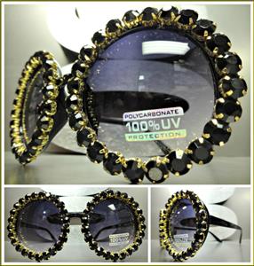Round Crystal Rhinestone Sunglasses- Black Frame/ Black Stones