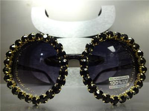Round Crystal Rhinestone Sunglasses- Black Frame/ Black Stones