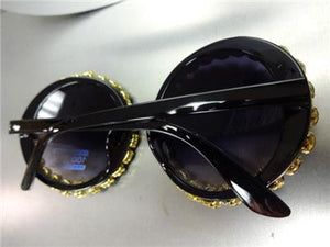 Round Crystal Rhinestone Sunglasses- Black Frame/ Black Stones