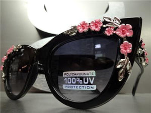 Unique Floral Embellished Cat Eye Sunglasses- Black Frame 96121