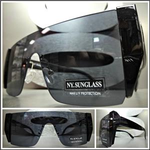 Futuristic Shield Style Sunglasses- Black Frame/ Black Lens