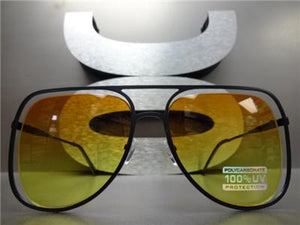 Unique Frame Aviator Sunglasses- Black Frame/ Orange & Yellow Lens