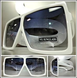 Oversized Square Shield Sunglasses- White Frame/ Black Lens