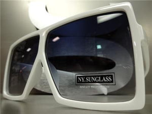Oversized Square Shield Sunglasses- White Frame/ Black Lens
