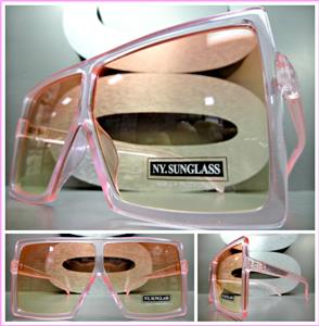 Oversized Square Shield Sunglasses- Pink Transparent Frame/ Sunset Lens