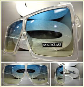 Oversized Square Shield Sunglasses- Transparent Frame/ Aqua Yellow Lens