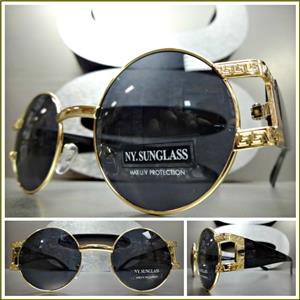 Gold Frame Round Style Sunglasses- Black Lens/ Black Temples