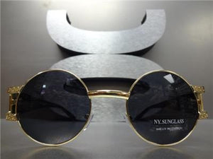 Gold Frame Round Style Sunglasses- Black Lens/ Black Temples