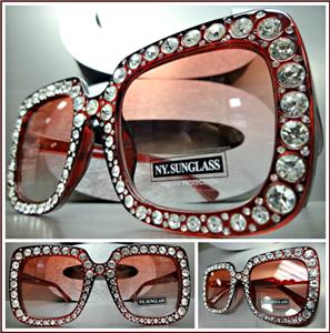 Square Bling Sunglasses- Red & Crystal Rhinestones