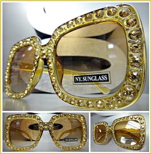 Square Bling Sunglasses- Brown & Gold