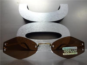 Retro Rimless Hexagon Sunglasses- Brown & Gold