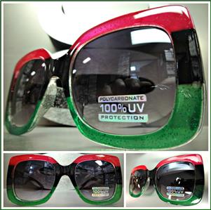 Square Thick Frame Sunglasses- Red/ Black/ Green Frame
