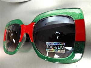 Square Thick Frame Sunglasses- Red & Green Frame/ Black Temples