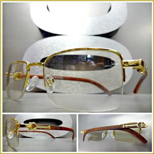 Rectangle Gold Frame Clear Lens Wooden Glasses