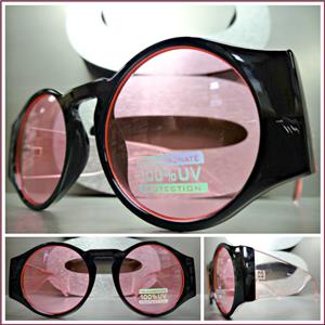 Retro Round Thick Frame Sunglasses- Pink Lens/ Black Frame