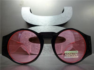 Retro Round Thick Frame Sunglasses- Pink Lens/ Black Frame