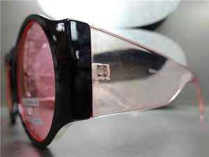 Retro Round Thick Frame Sunglasses- Pink Lens/ Black Frame