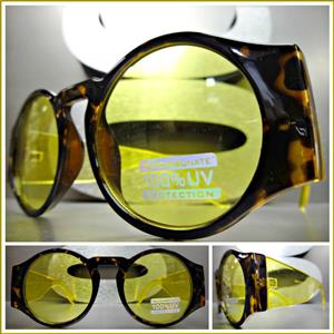 Retro Round Thick Frame Sunglasses- Yellow Lens/ Tortoise Frame