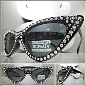 Retro Rhinestone Cat Eye Sunglasses- Black/ Clear Rhinestones
