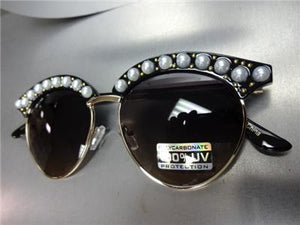 Bedazzled Pearl Embellished Cat Eye Sunglasses- Black & Gold