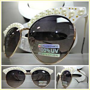 Bedazzled Pearl Embellished Cat Eye Sunglasses- White & Gold