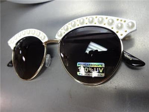 Bedazzled Pearl Embellished Cat Eye Sunglasses- White & Gold