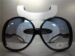 Oversized Plastic Round Frame Sunglasses- Black Frame/ Light Blue Lens