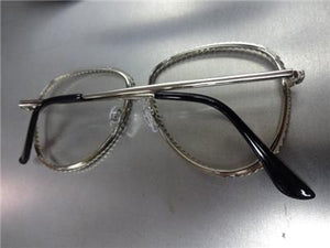 Metal Etched Aviator Clear Lens Glasses- Silver Frame