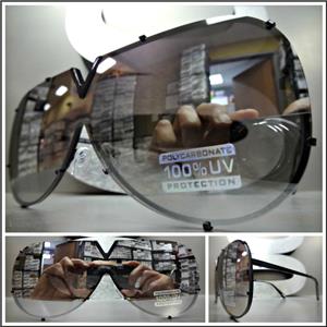 Vintage Shield Style Flat Lens Sunglasses- Chrome Mirrored Lens/ Black Frame