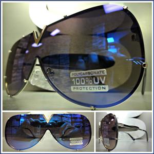 Vintage Shield Style Flat Lens Sunglasses- Blue Mirrored Lens