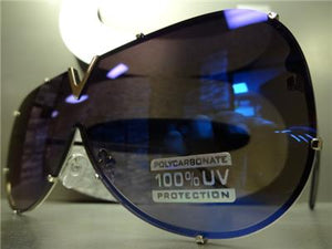 Vintage Shield Style Flat Lens Sunglasses- Blue Mirrored Lens