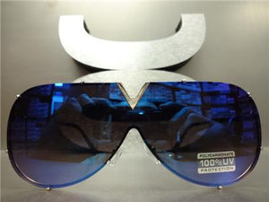 Vintage Shield Style Flat Lens Sunglasses- Blue Mirrored Lens