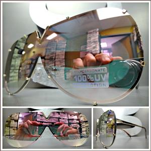 Vintage Shield Style Flat Lens Sunglasses- Pink Mirrored Lens