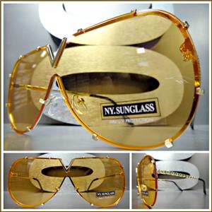 Vintage Shield Style Flat Lens Sunglasses- Orange Lens