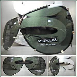 Vintage Shield Style Flat Lens Sunglasses- Green Lens