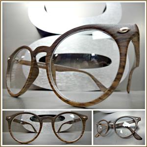 Faux Wood Round Clear Lens Glasses- Dark Wood