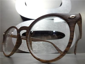 Faux Wood Round Clear Lens Glasses- Dark Wood