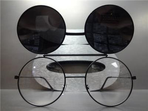 Old School Round Flip Up Sunglasses- Black Frame/ Chrome Lens