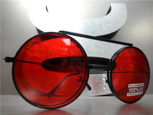 Old School Round Flip Up Sunglasses- Black Frame/ Red Lens