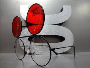 Old School Round Flip Up Sunglasses- Black Frame/ Red Lens