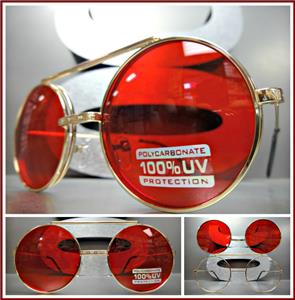 Old School Round Flip Up Sunglasses- Gold Frame/ Red Lens