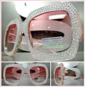Oversized Sparkling Bling Square Sunglasses- Pink Transparent Frame/ Pink Gradient Lens