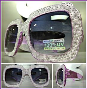 Oversized Sparkling Bling Square Sunglasses- Purple Transparent Frame