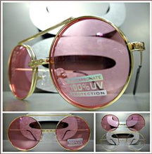 Old School Round Flip Up Sunglasses- Gold Frame/ Pink Lens