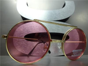 Old School Round Flip Up Sunglasses- Gold Frame/ Pink Lens