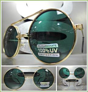 Old School Round Flip Up Sunglasses- Gold Frame/ Green Lens