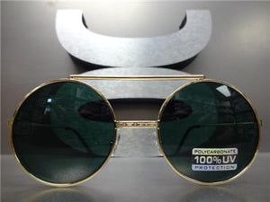 Old School Round Flip Up Sunglasses- Gold Frame/ Green Lens